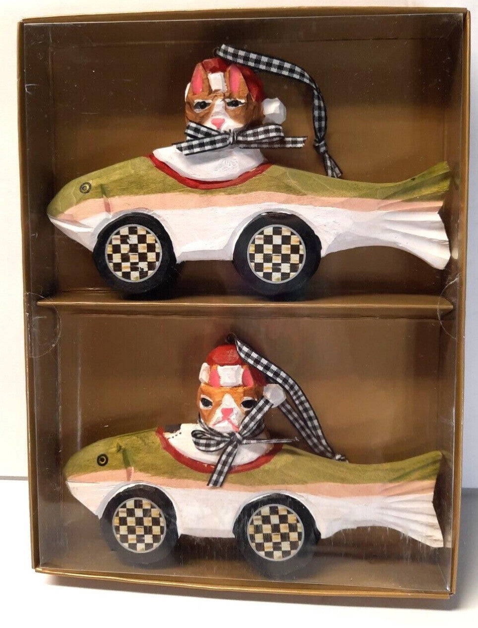 Mackenzie Childs Carved Wood Cruising Cat Christmas Ornaments Set of 2-retired