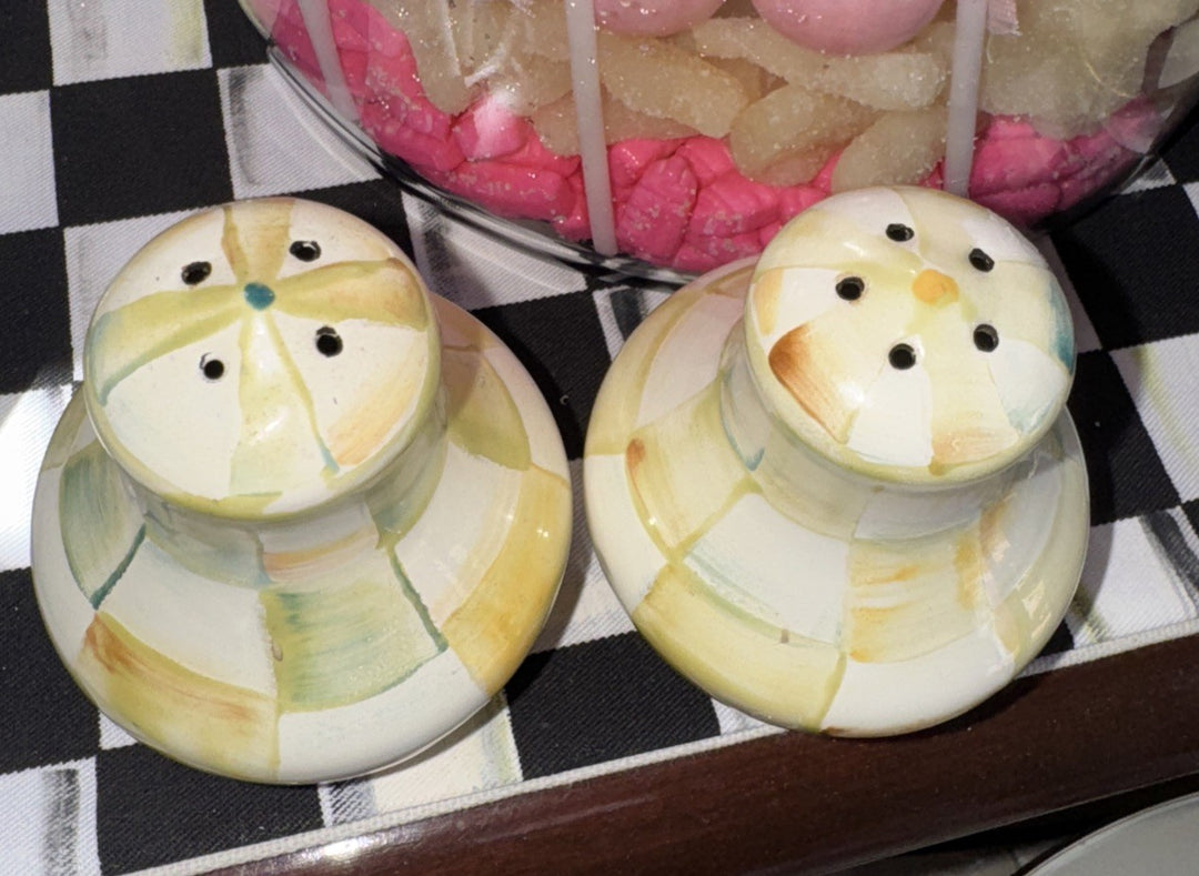 Mackenzie Childs Parchment Check Enamel Salt & Pepper Shakers