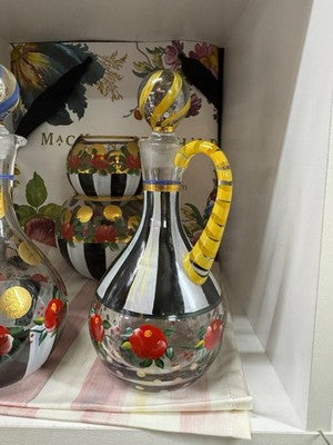 Mackenzie Childs Oil Or Vinegar Cruet Yellow Top Red Flowers Circus Design 7.25”