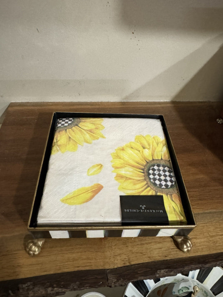 MacKenzie Childs Sun Flower  Cocktail Napkin Holder Gold Lion Claw Feet Tray