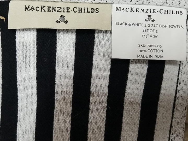 MACKENZiE-CHiLDS BLACK & WHITE Stripe zig zag DISH TOWEL – NEW