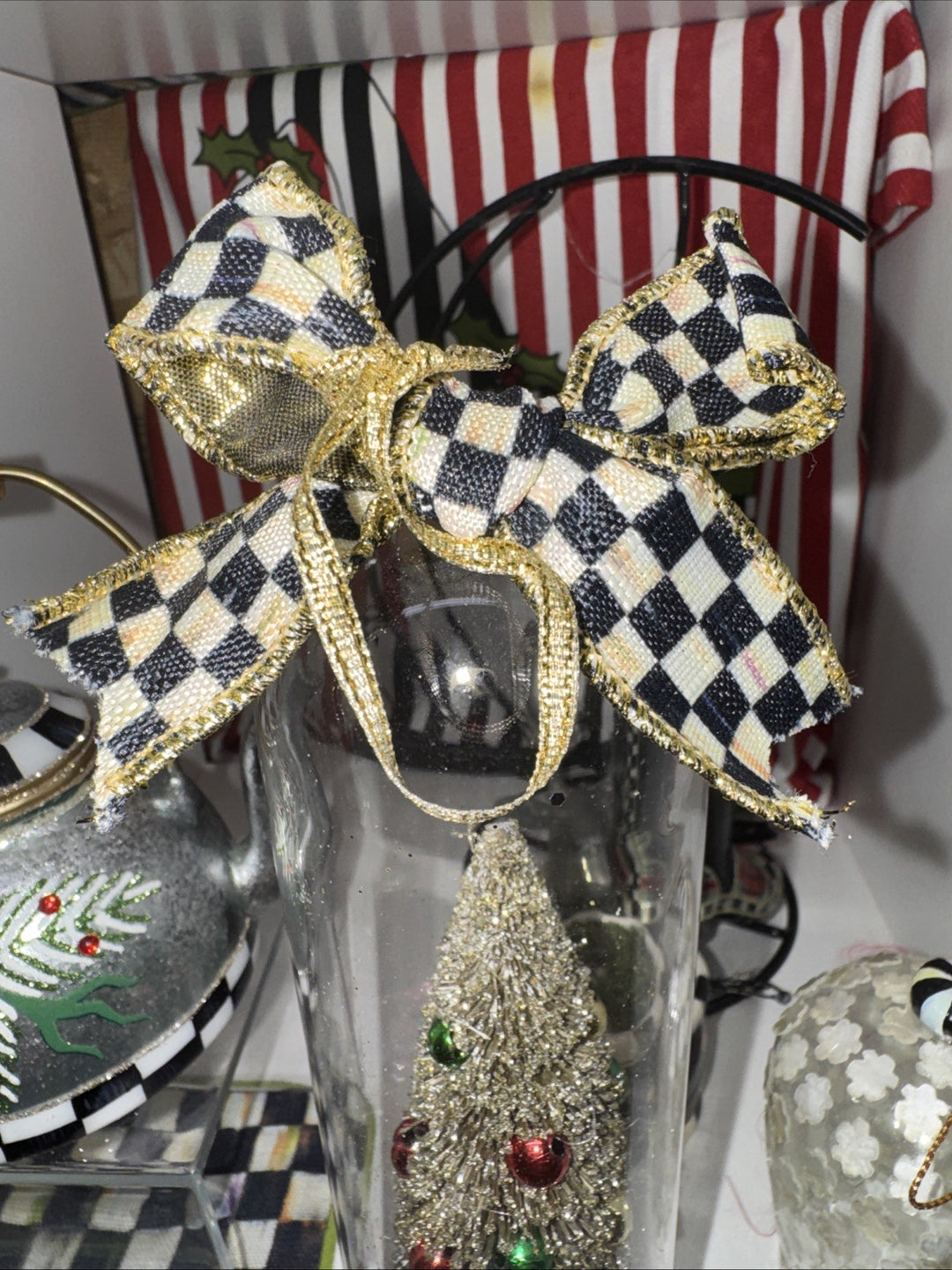 Retired Mackenzie Childs Courtly Check Peace Cloche Christmas OrnamentNew In Box