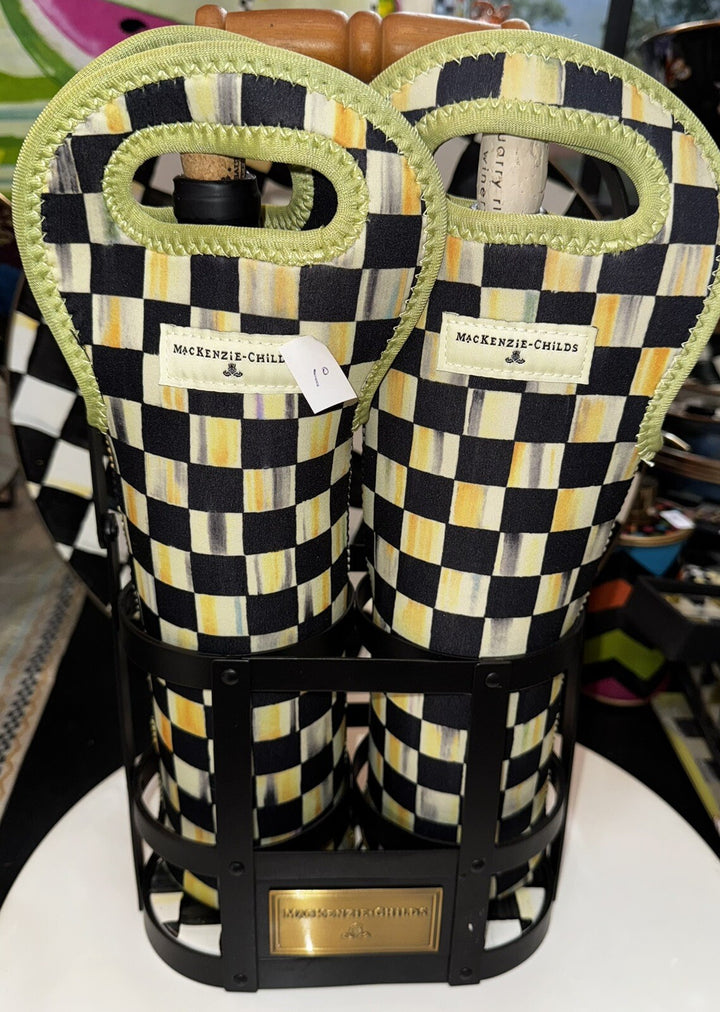 Mackenzie Childs Wine Carrier  Steel & Courtly Check Enamel New