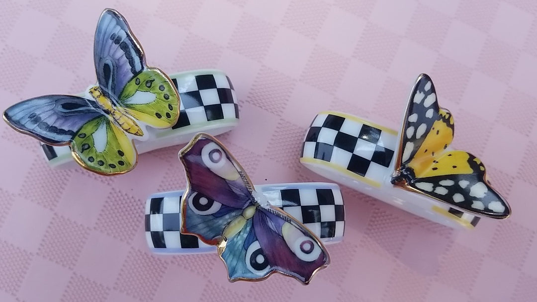 Mackenzie Childs butterfly   Toile NAPKIN RINGS SET 3   NEW