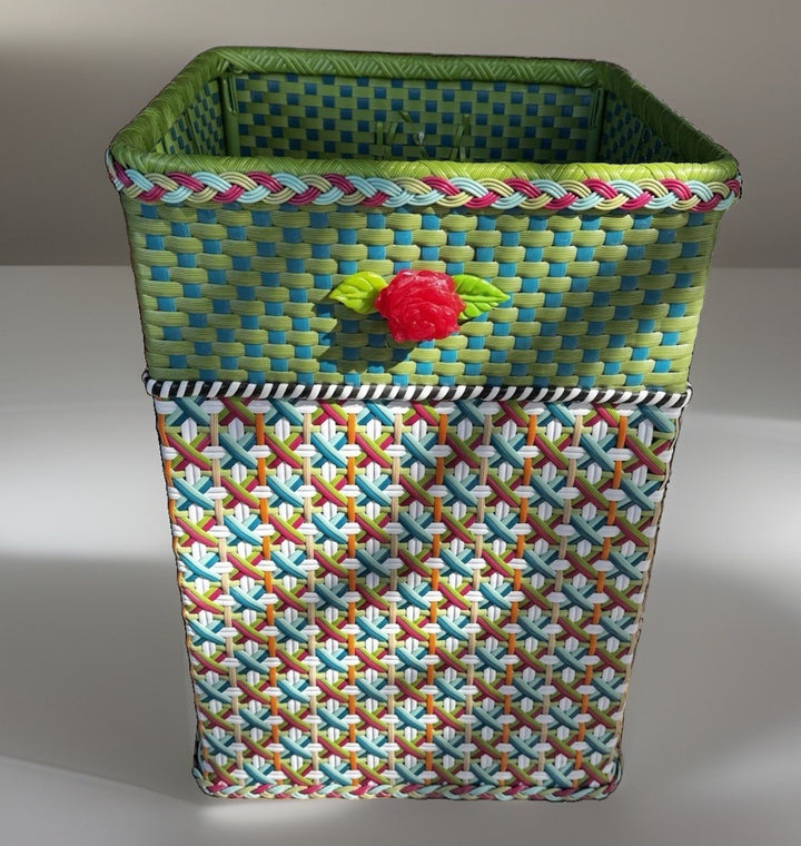 Mackenzie Childs Hamper Lidded Bin Greenhouse Resin Wicker Rose Retired
