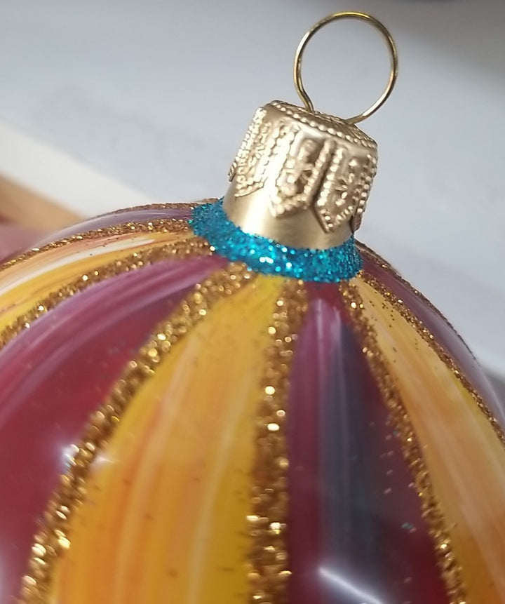 MacKenzie Childs Frank And Mustard  Striped Double Drop Glass Ornament