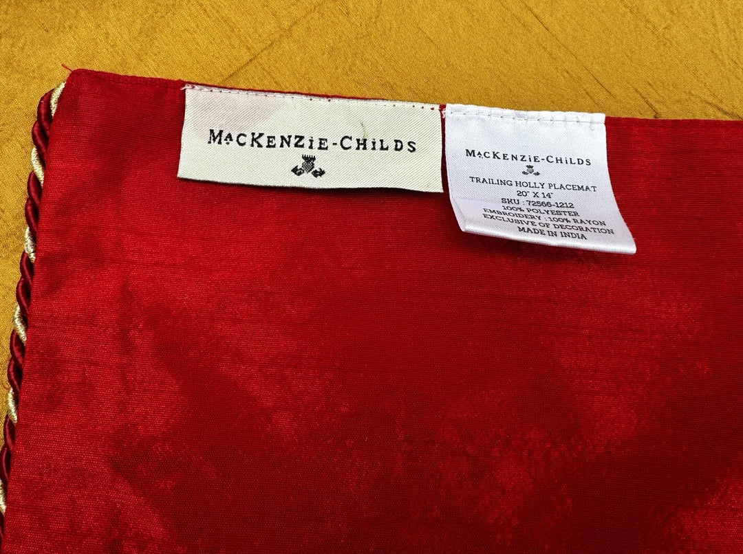 Retired Mackenzie Childs Embroidered Holiday Trailing Holly placemat 20”x14”