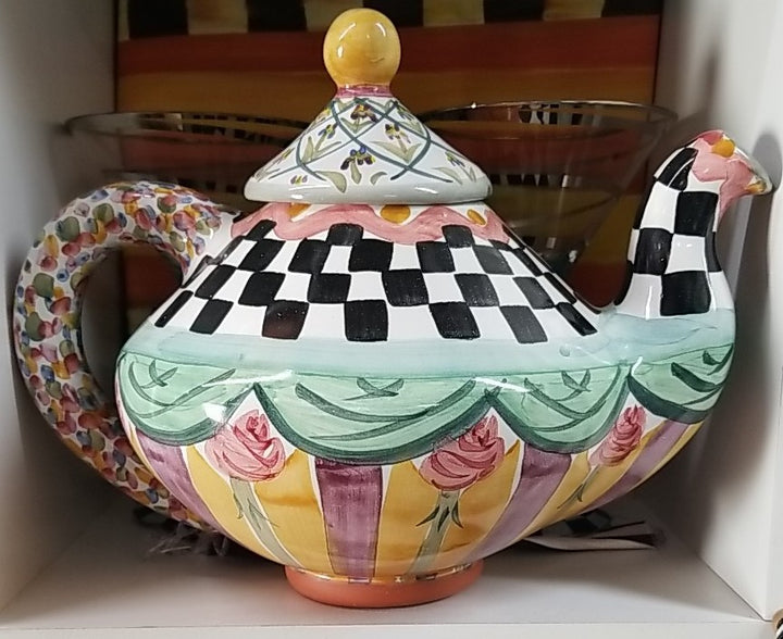 MacKenzie Childs Taylor Odd Fellows Ceramic Tea Pot Kettle 2 qt Retired w/ Lid