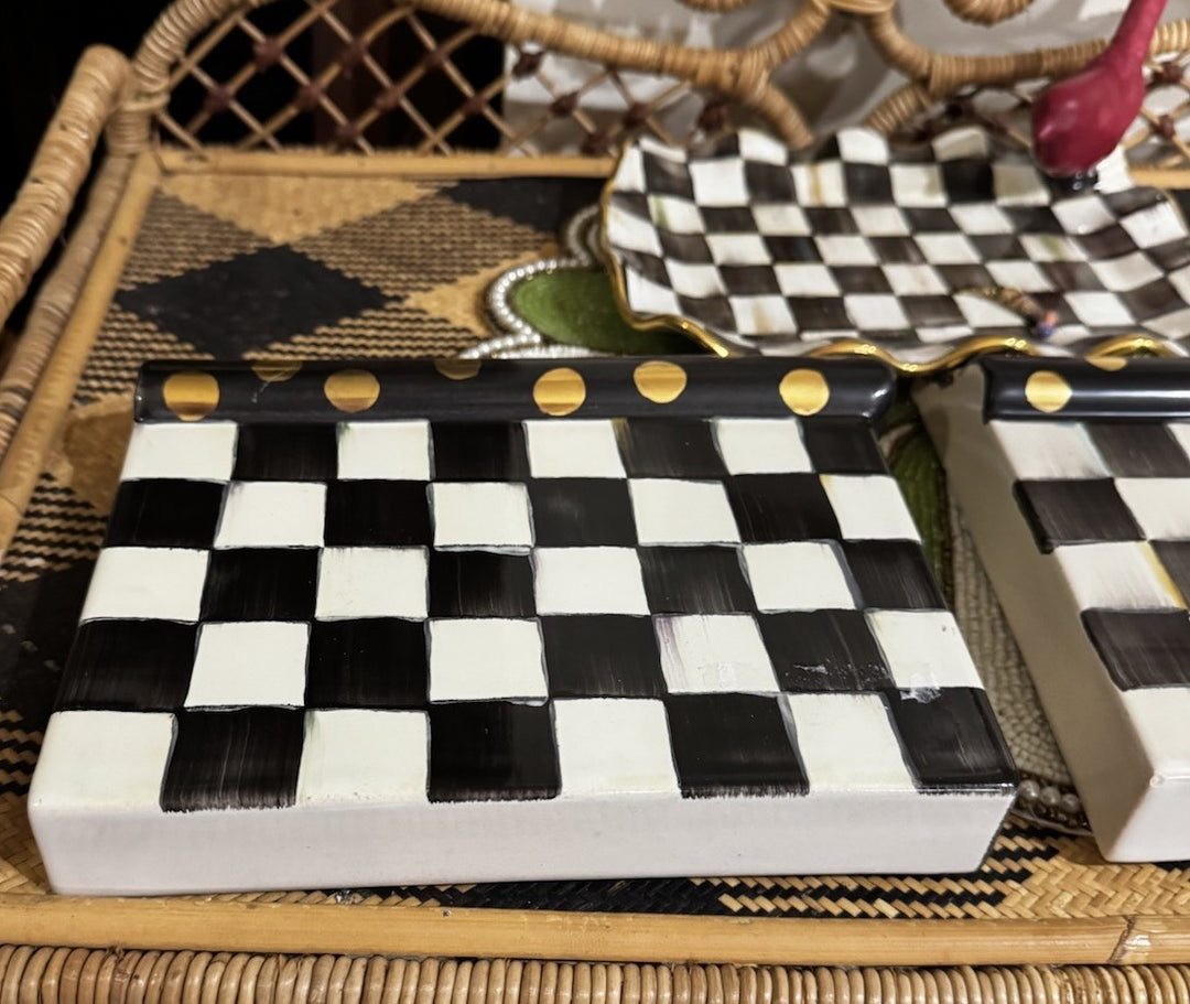 Mackenzie Childs Courtly Check Ceramic Side Tile For The Right Side / Gold Dots