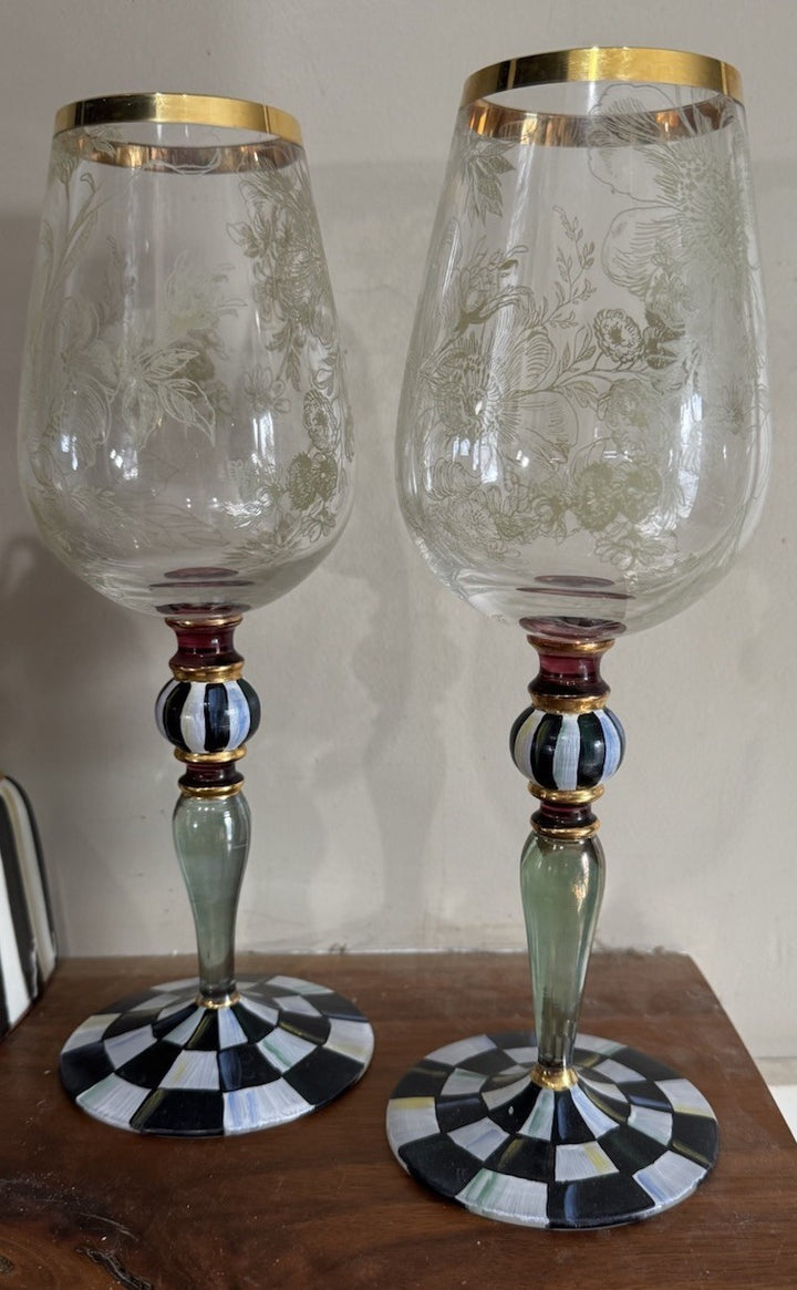 Set Of 2 MacKenzie Childs Blooming Wine Glasses Goblet Courtly Check Excellent