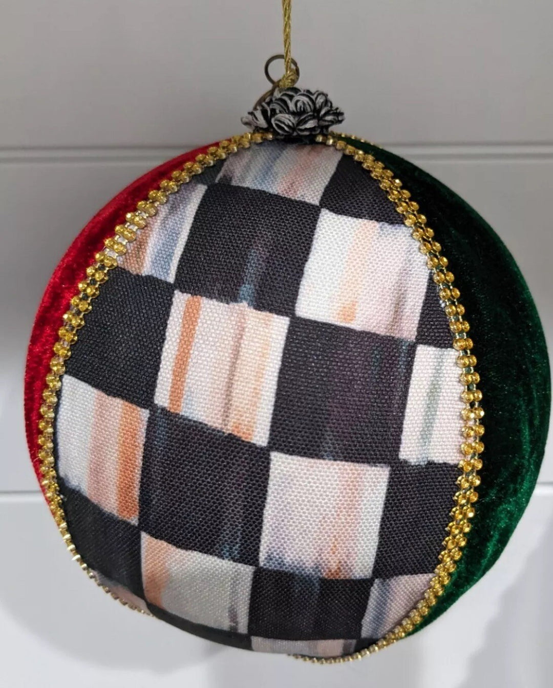 MACKENZIE CHILDS One Velvet Patchwork Courtly Check 8" Round Christmas Ornament