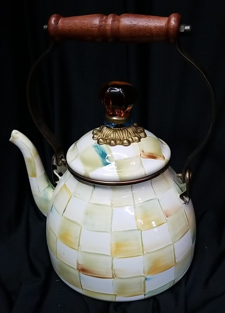 Mackenzie Childs Enamel Parchment Check  2 Quart Tea Pot / Kettle RETIRED