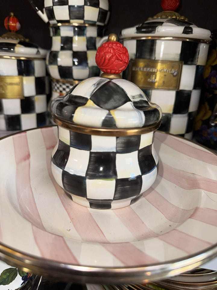 MacKenzie Childs Black And White Courtly  check Lidded Sugar- Enamel Excellent