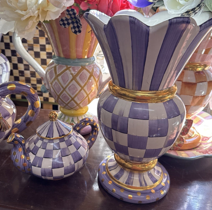 Mackenzie Childs Ceramic Violet Plum Purple Gold  Check Great Vase- NWT 2024