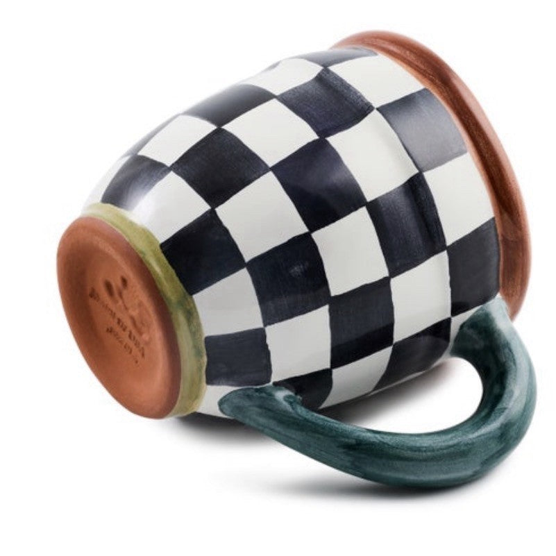 Mackenzie Childs Check Mate  Mug Black Courtly Hand Painted Majolica NWT