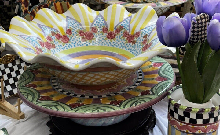 MacKenzie Childs Odd Fellows  Large Serving Bowl-18” Ceramic Fluted Retired
