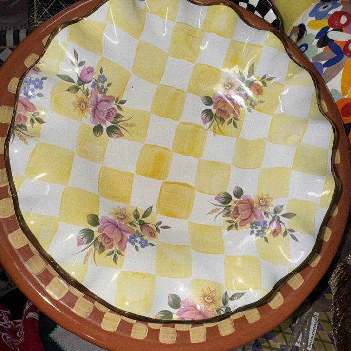 9” Mackenzie Childs Fluted Lemon Curd Yellow  Honeymoon Salad  Plate With Gold