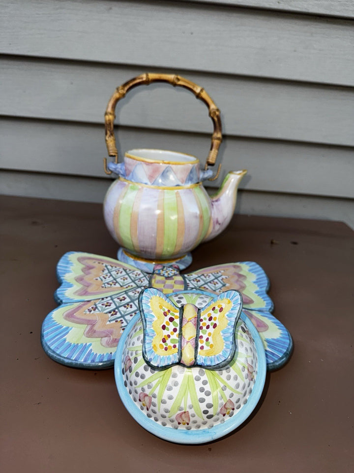 Mackenzie Childs Ceramic Butterfly Collection  With Bamboo Handle Teapot 2006