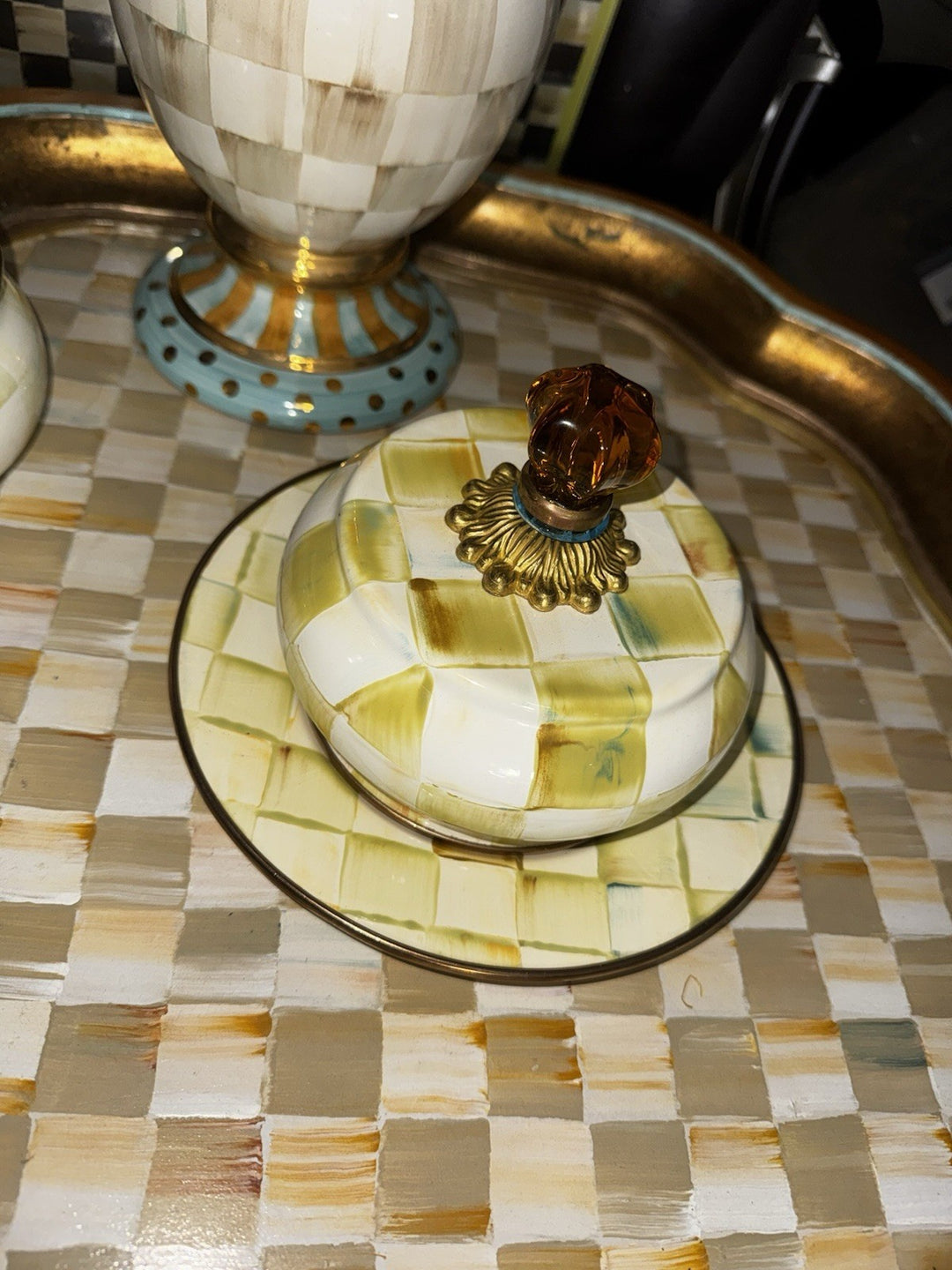 Mackenzie Child ParchmentCheck Domed Covered Butter Round   Enamel Retired