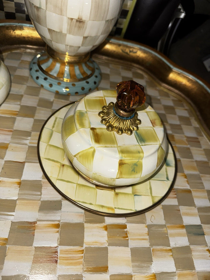 Mackenzie Child ParchmentCheck Domed Covered Butter Round   Enamel Retired