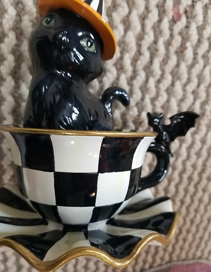 MacKenzie Childs Halloween Cat Teacup Figurine