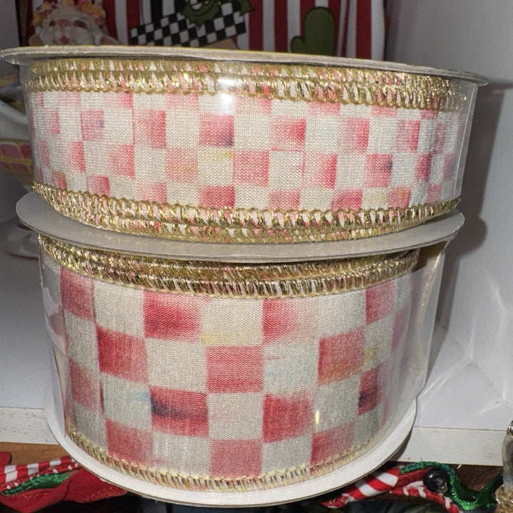 Mackenzie Childs 1" Rosy Check Gold Wired Ribbon NEW 10 Yards
