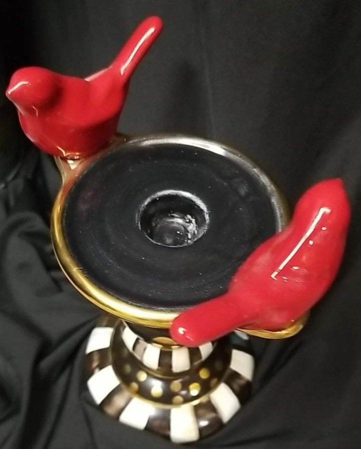 MacKenzie Childs Courtly Stripe Birds  Candlestick -new Ceramic