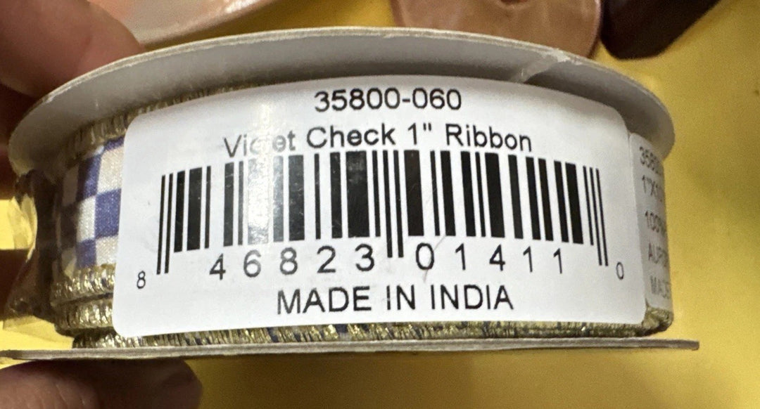 Mackenzie Childs Violet Check And  Gold 1" Wide Wire RIBBON NEW 10YD