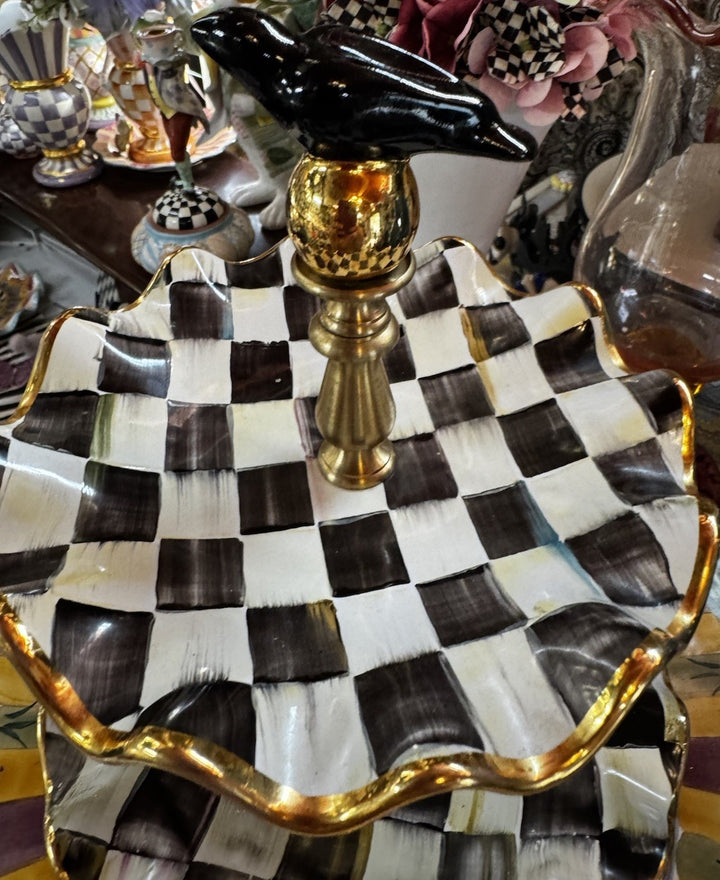MacKenzie Childs Courtly Check Ceramic Two Tier Sweet Stand With Bird Retired