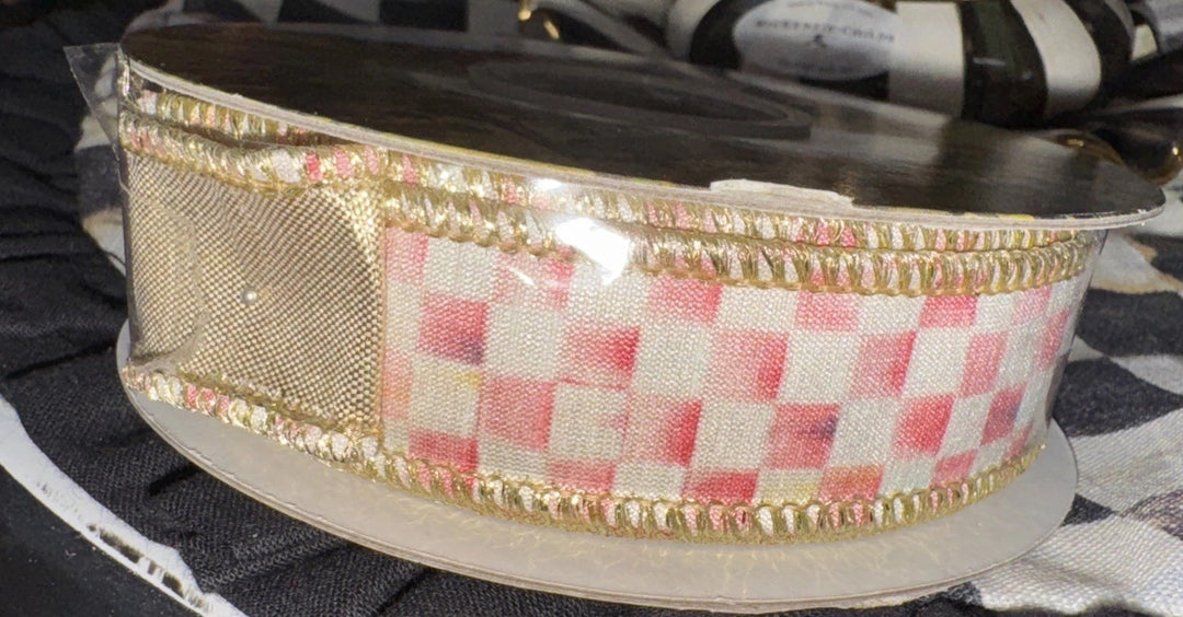 Mackenzie Childs 1" Rosy Check Gold Wired Ribbon NEW 10 Yards