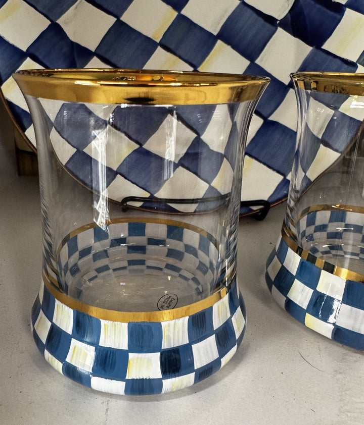 Mackenzie Childs Royal blue Check tumbler glasses set of 2-3.75” Tall Nib