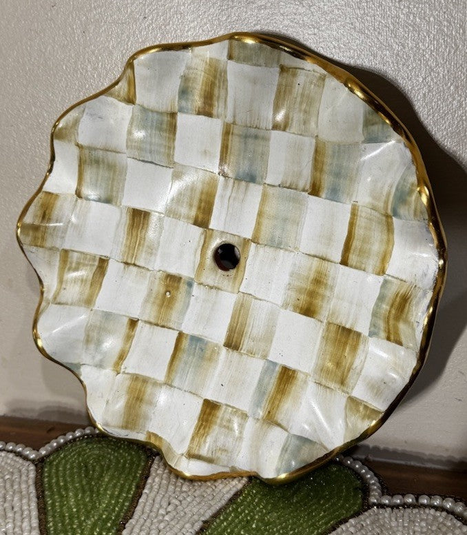 Mackenzie Childs Parchment Check Ceramic 7” Plate Fluted With Hole