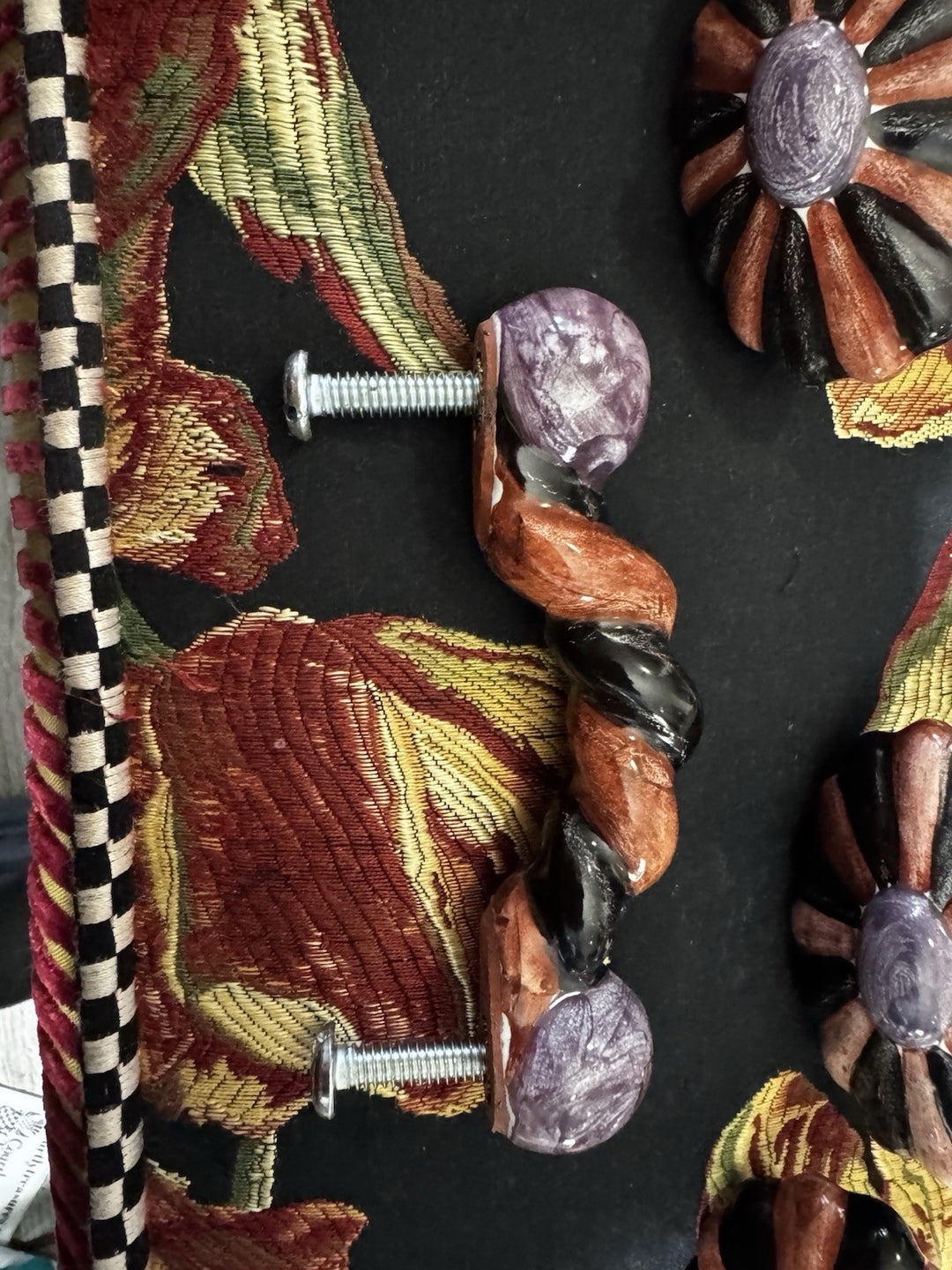 Mackenzie Childs  4” Twist Ceramic Handle Pull Knob Purple Brown Black