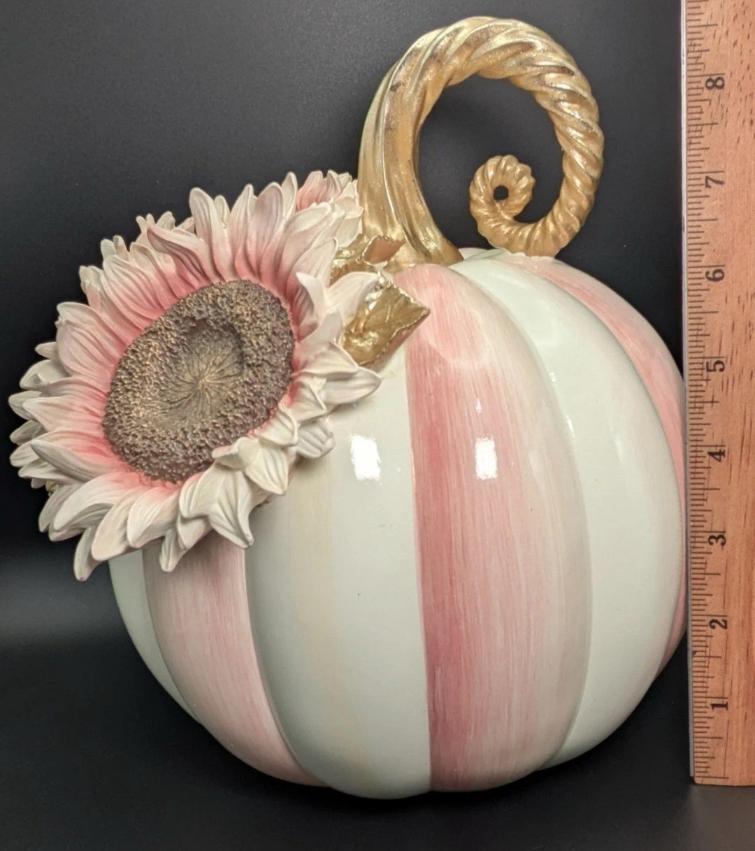 NWT MacKenzie Childs Rosy Stripe Pumpkin With Pink Sunflower - All Season Decor