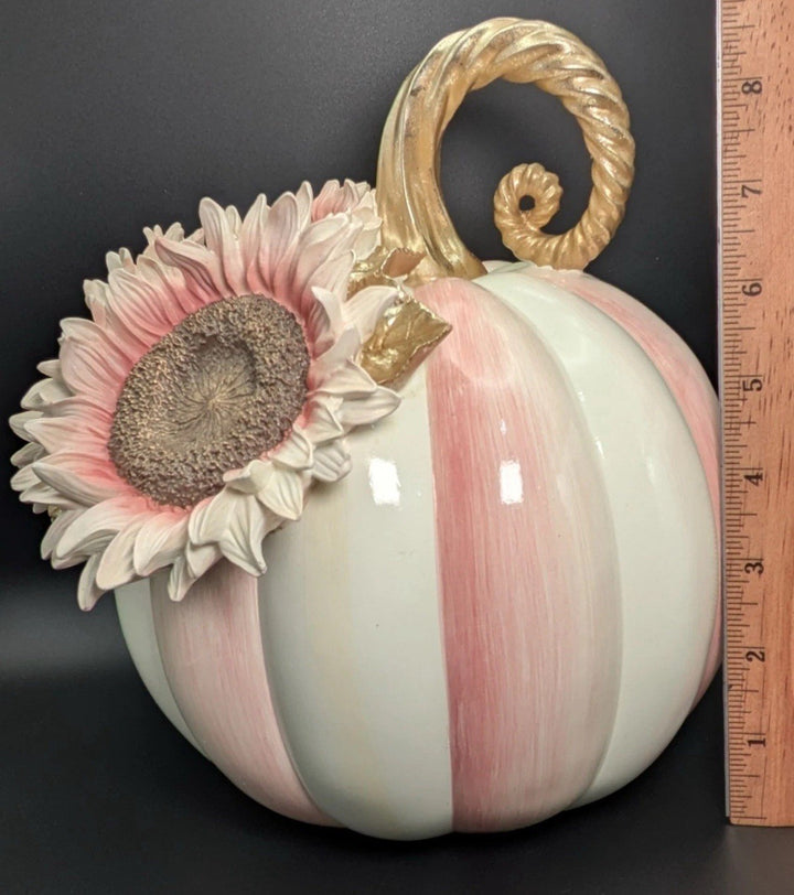 NWT MacKenzie Childs Rosy Stripe Pumpkin With Pink Sunflower - All Season Decor