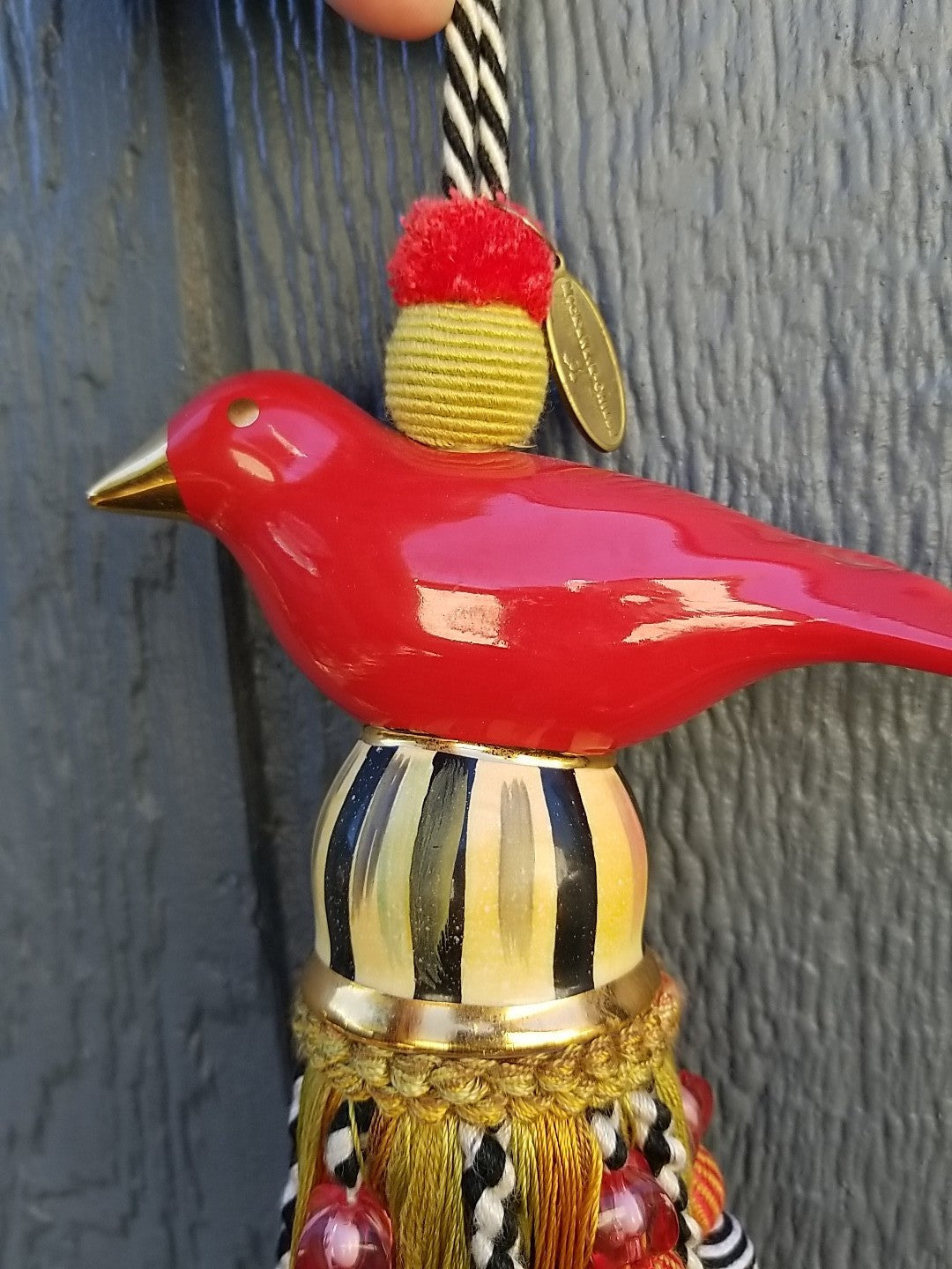 Brand New Mackenzie Childs Ceramic Bird Tassel — Red & Gold