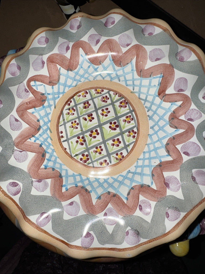 Mackenzie Childs Ceramic Taylor Heather  Check Fluted 9” Handmade Vintage