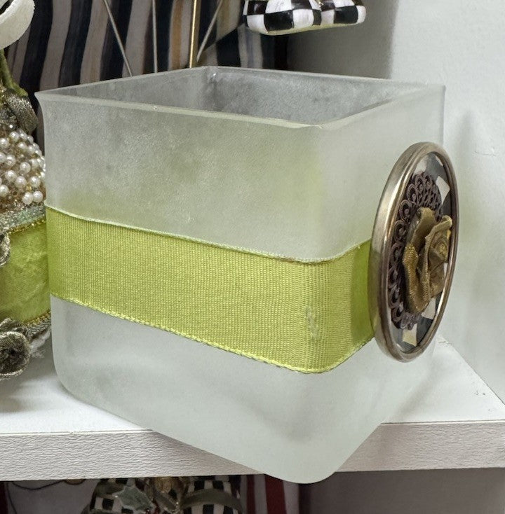MacKenzie Childs Frosted  Glass Candle Holder Square  & Pear Compliment Set