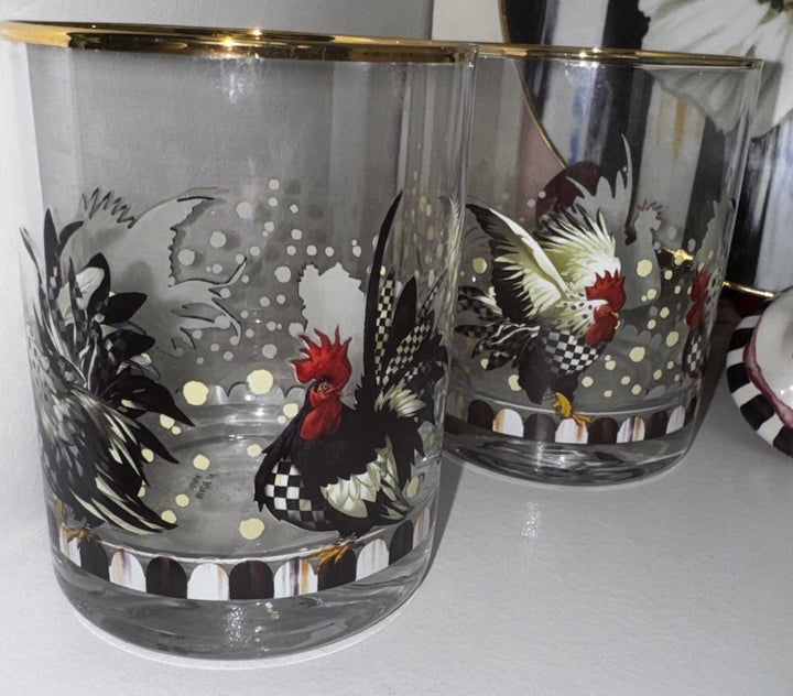 MacKenzie Childs Henhouse Tumblers set of 2 Rooster Chicken Glasses- New
