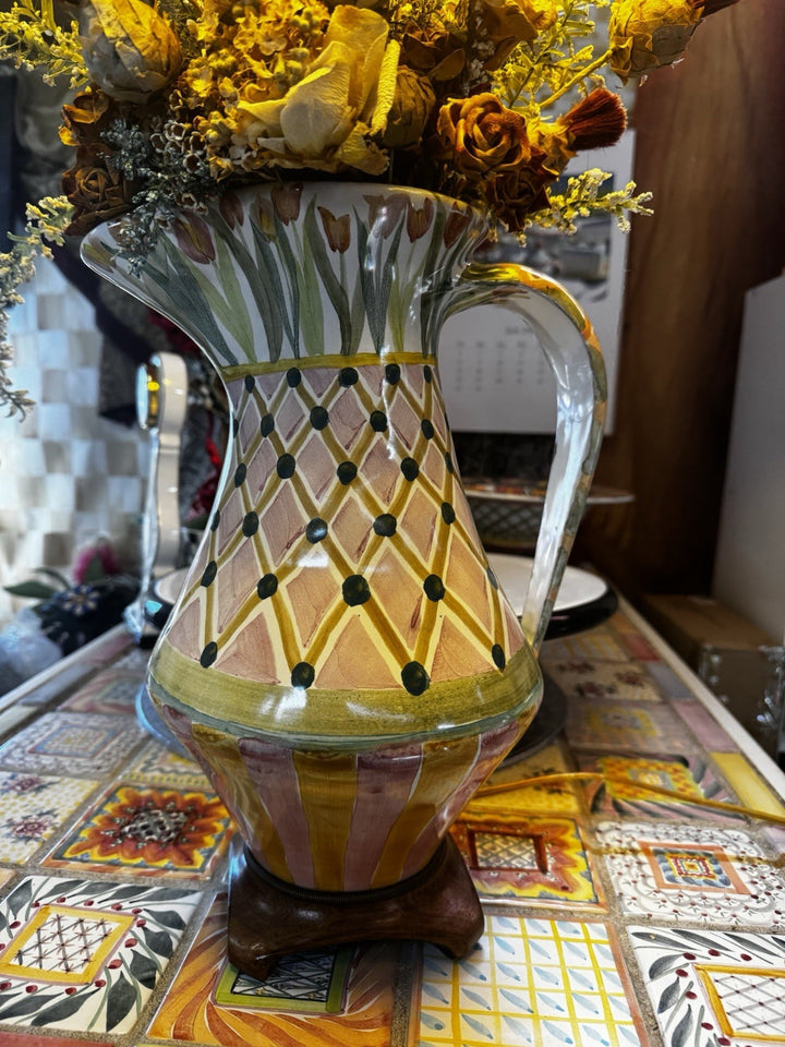 Mackenzie Childs  Sherwood Garden Pitcher Lamp With Dried Flowers 31” Tall