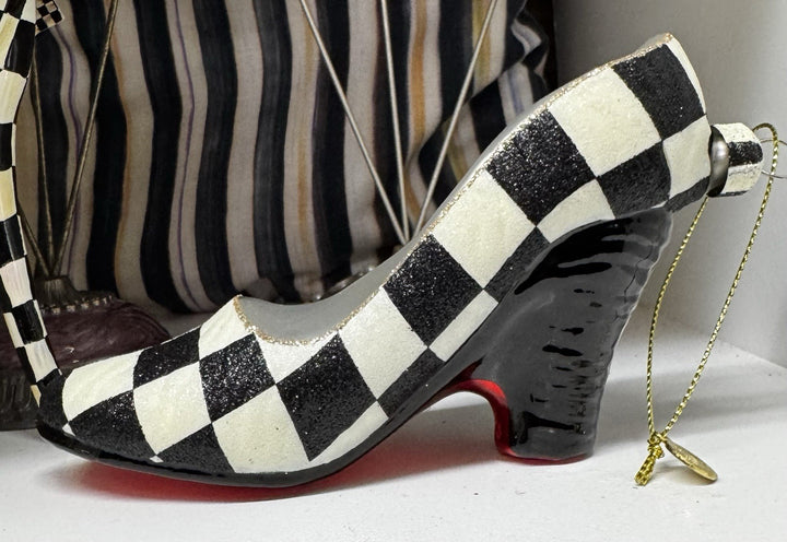 MacKenzie Childs Courtly Check High Heel Shoe Glass Christmas Tree Ornament