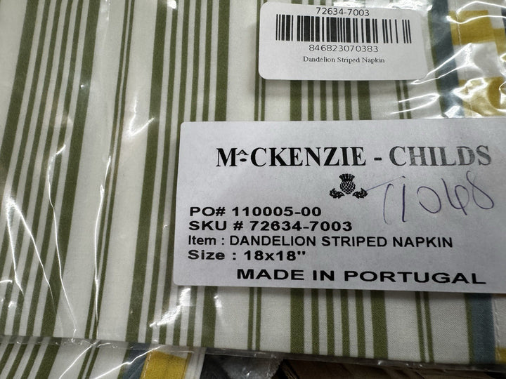 Mackenzie Childs Dandelion Striped Napkin NIP Set Of 2- Retired Pattern