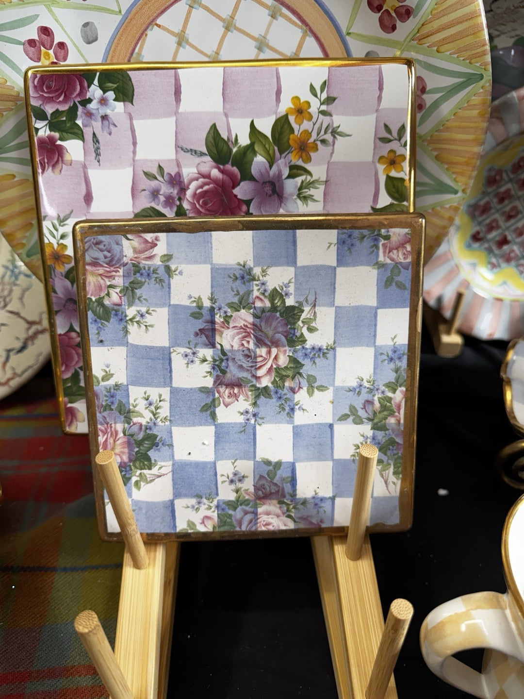 Mackenzie Childs 8" x 8 Honeymoon Rose Petal Pink Cork Back Trivet Excellent