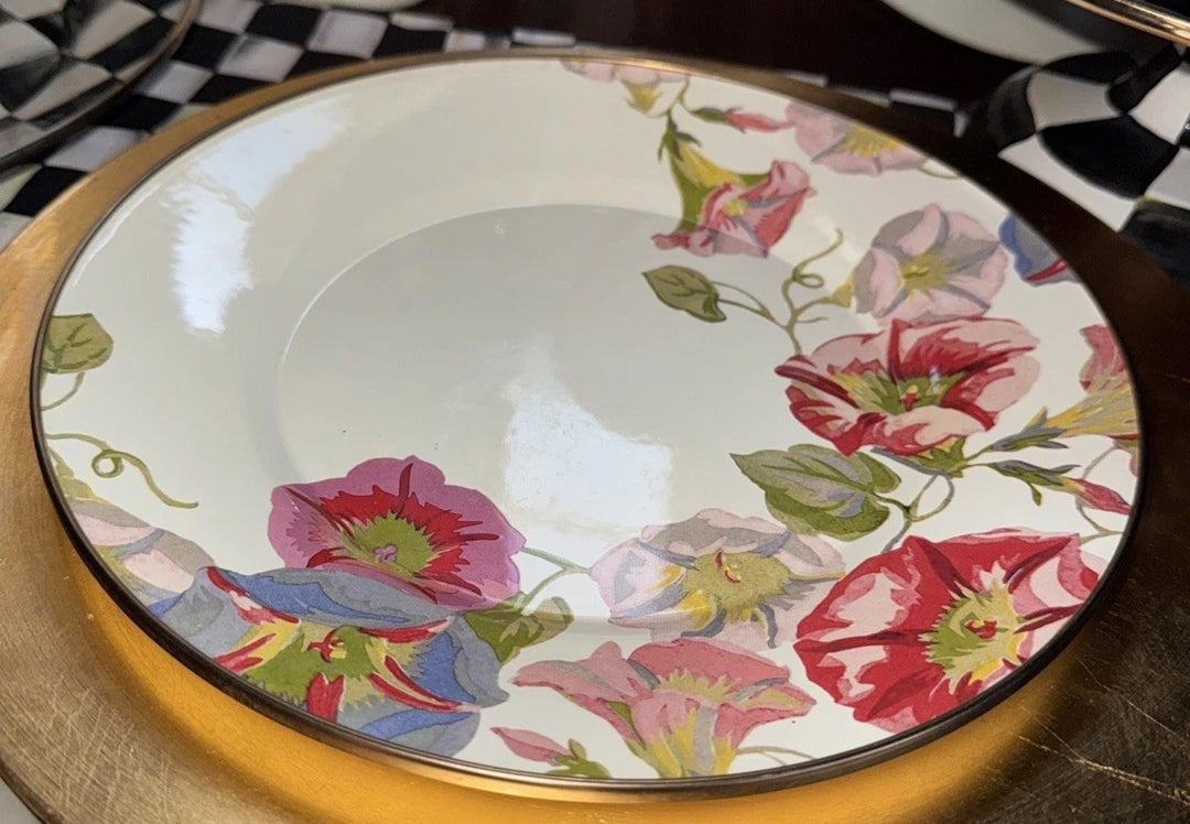 MACKENZIE CHILDS MORNING GLORY ENAMEL DINNER PLATE  10” Retired