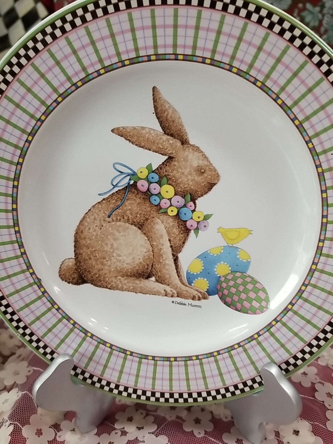 Debbie Mumm Sakura Easter Plate 8 1/4" & mug Set Bunny Eggs 1998-pink w/ Checks
