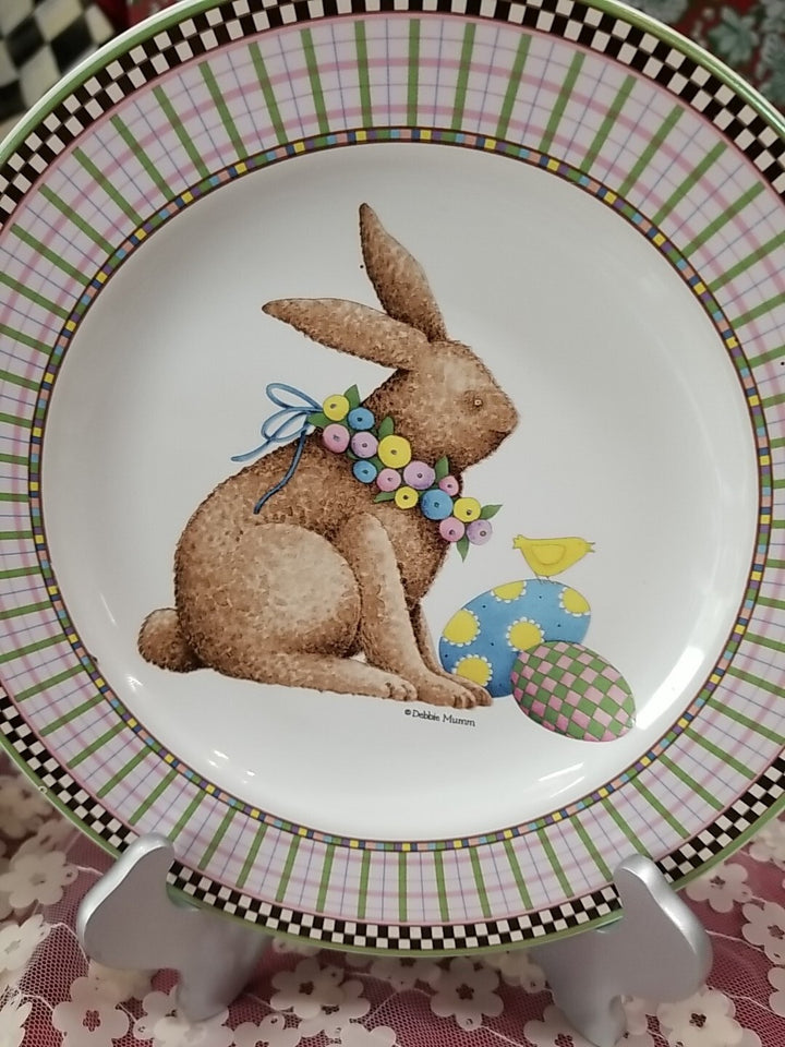Debbie Mumm Sakura Easter Plate 8 1/4" & mug Set Bunny Eggs 1998-pink w/ Checks