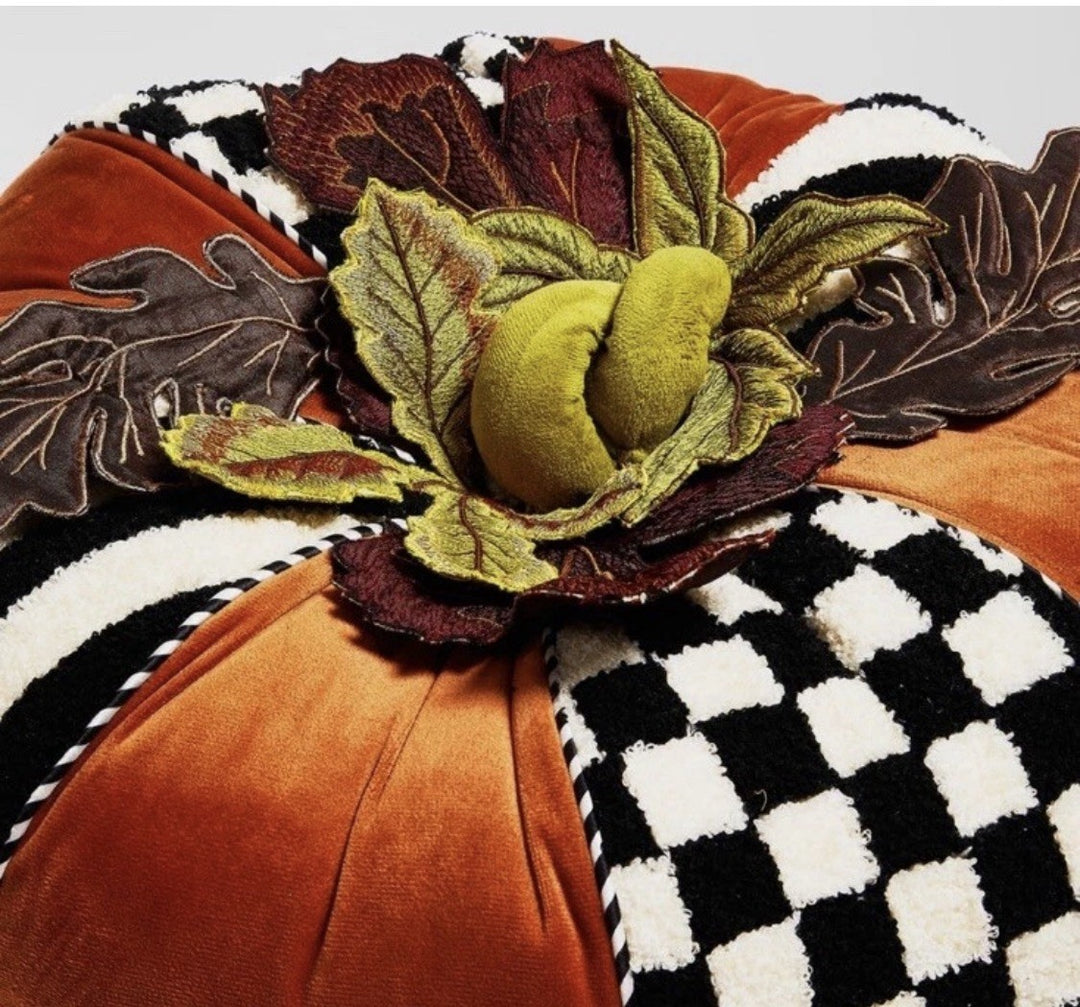 Mackenzie Childs Harvest  Check And Stripe Round Pumpkin Pillow- New In Bag