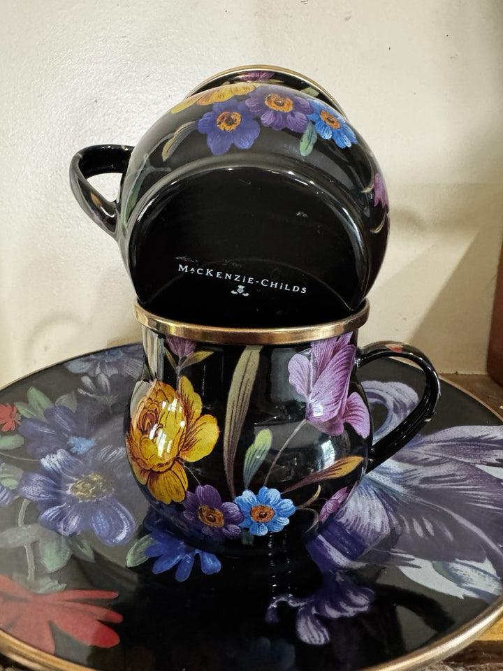 Mackenzie Childs On Black  Flower Market enamel Coffee cup mug Floral One New