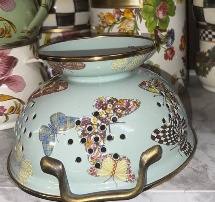 MACKENZIE CHILDS Blue BUTTERFLY GARDEN SMALL ENAMEL COLANDER RETIRED