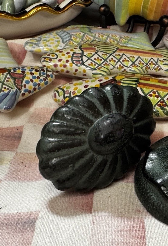 Mackenzie Childs Set of 2 Metal Green Flower Drawer Outdoor Pulls Handles Knobs